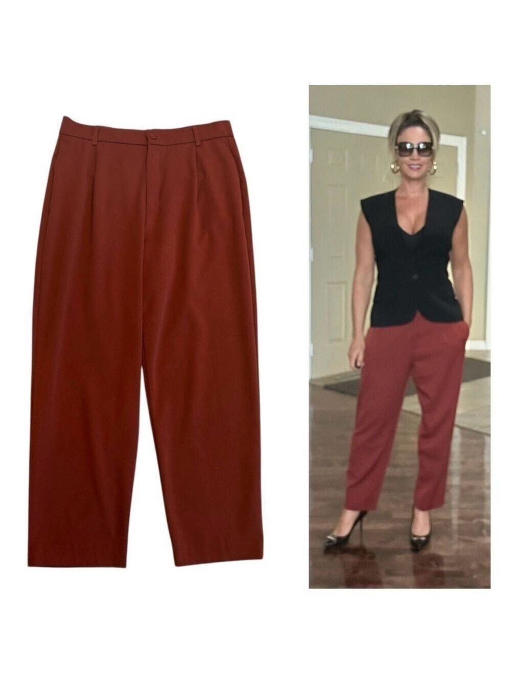 Zara women’s high waisted trouser dress pants rust brown Indian red Sz L TRF